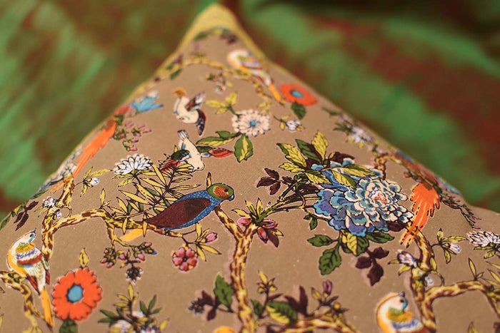 Bird Symphony Floral Birds Accent Cotton Pillow Cover Handprint Design 16"x16" - KashmirDesigns