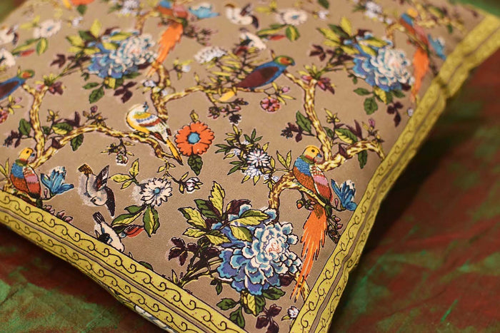 Bird Symphony Floral Birds Accent Cotton Pillow Cover Handprint Design 16"x16" - KashmirDesigns