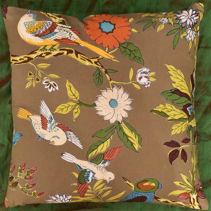 Bird Symphony Floral Birds Accent Cotton Pillow Cover Handprint Design 16"x16" - KashmirDesigns