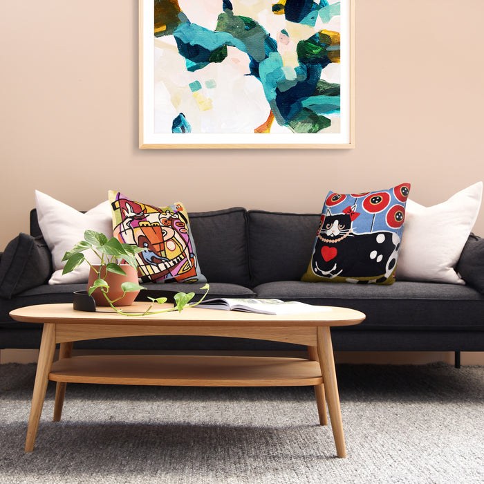 Black Cat Red Heart Decorative Pillow Cover Poppy Field Handembroidered Wool 18x18