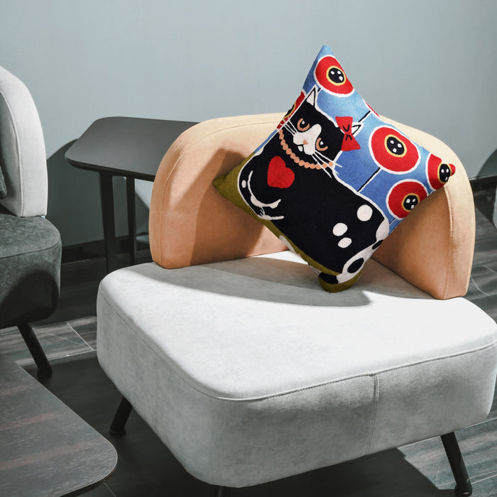 Black Cat Red Heart Decorative Pillow Cover Poppy Field Handembroidered Wool 18x18