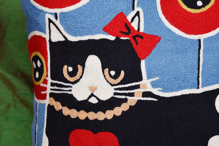 Black Cat Red Heart Decorative Pillow Cover Poppy Field Handembroidered Wool 18x18 - Kashmir Designs
