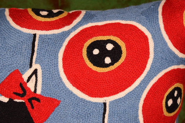 Black Cat Red Heart Decorative Pillow Cover Poppy Field Handembroidered Wool 18x18 - Kashmir Designs