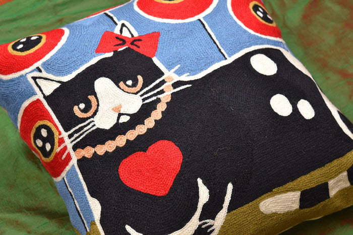 Black Cat Red Heart Decorative Pillow Cover Poppy Field Handembroidered Wool 18x18 - Kashmir Designs