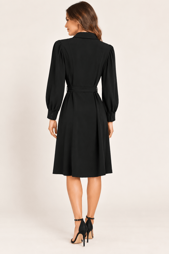 Bobi Black Puff Sleeve Button Down Dress