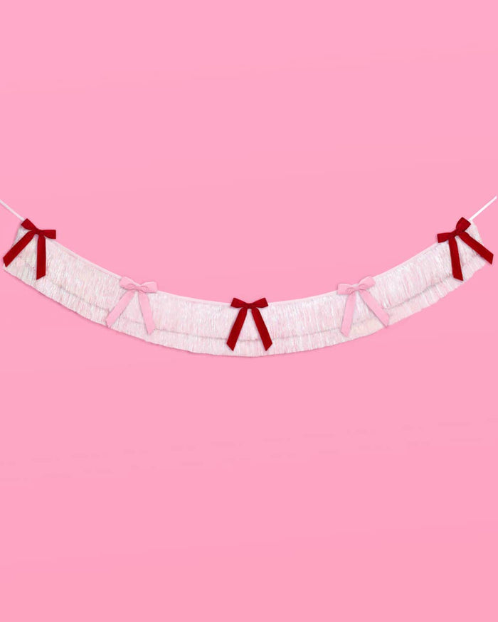 Bow Bliss Banner - layered fringe + velvet bows, white, pink