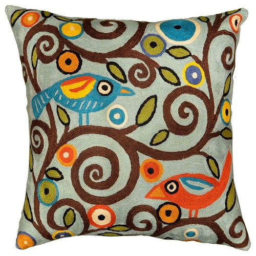 Branch Birds Karla Gerard Decorative Pillow Cover Handembroidered Wool 18"x18" - KashmirDesigns