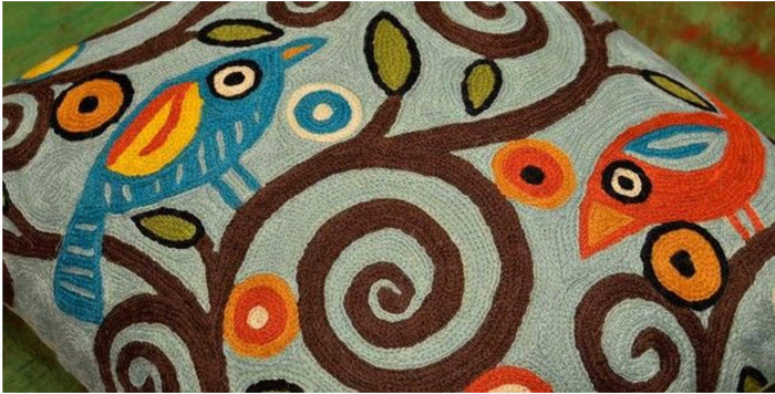 Branch Birds Karla Gerard Decorative Pillow Cover Handembroidered Wool 18"x18" - KashmirDesigns