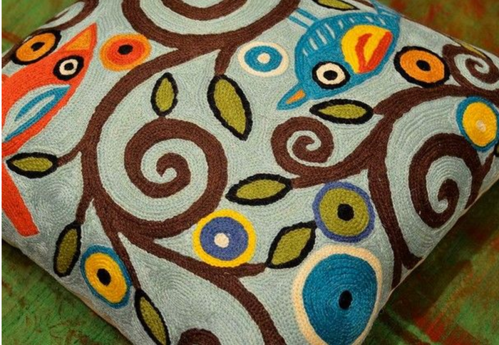 Branch Birds Karla Gerard Decorative Pillow Cover Handembroidered Wool 18"x18" - KashmirDesigns