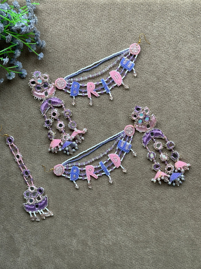 Bride Beaded Saankal Earring Tikka Set | Lavender, Pink & Blue Mirror Work