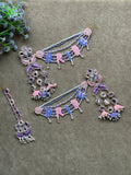 Bride Beaded Saankal Earring Tikka Set | Lavender, Pink & Blue Mirror Work
