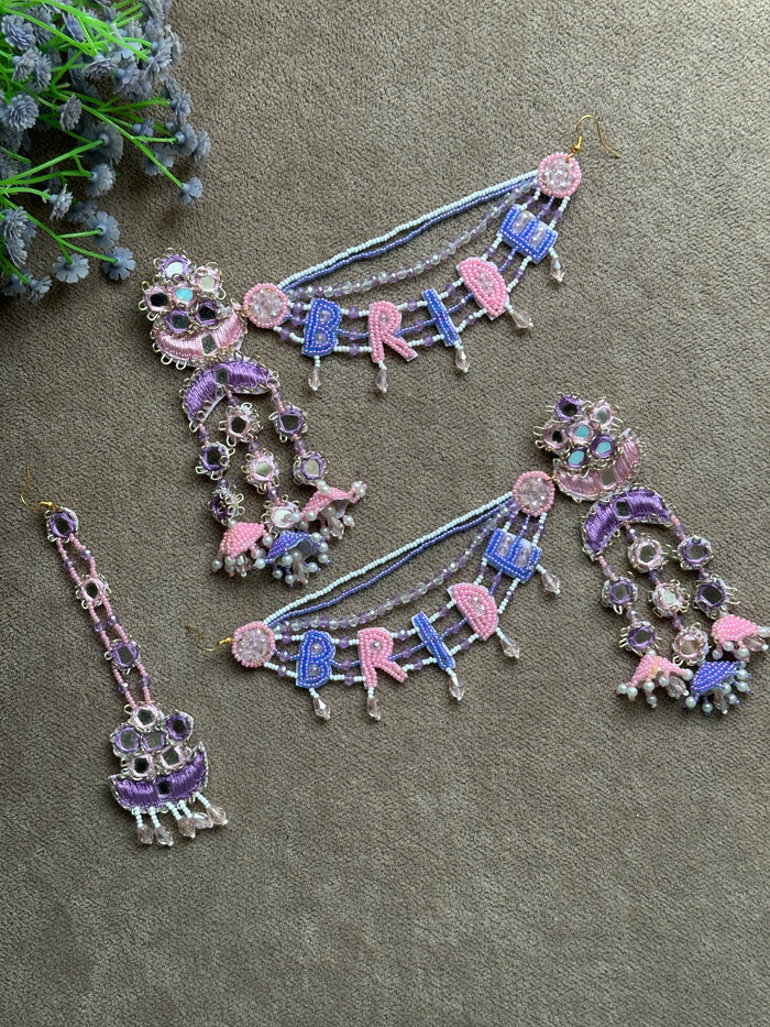 Bride Beaded Saankal Earring Tikka Set | Lavender, Pink & Blue Mirror Work