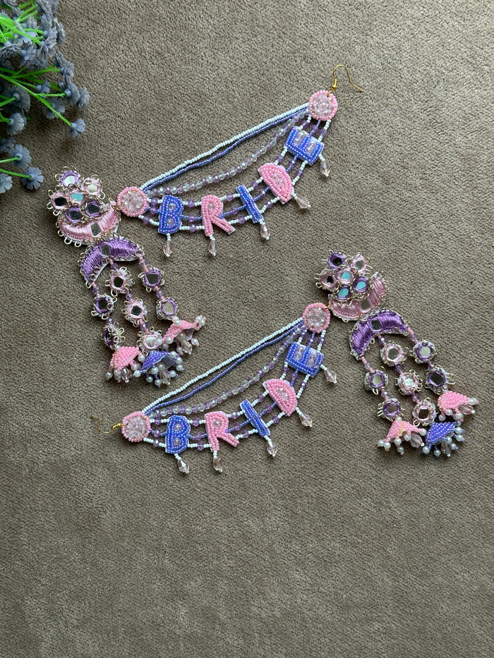 Bride Beaded Saankal Earring Tikka Set | Lavender, Pink & Blue Mirror Work