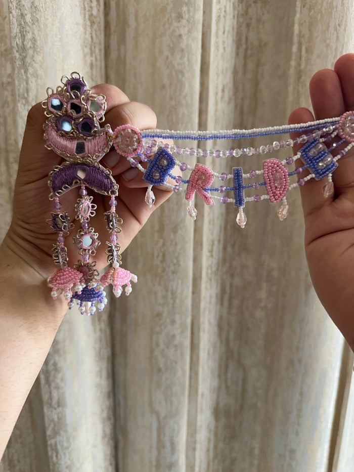 Bride Beaded Saankal Earring Tikka Set | Lavender, Pink & Blue Mirror Work