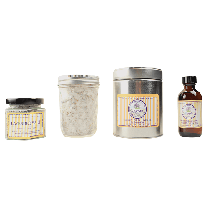 A variety of culinary lavender products , including lavender salt in a glass jar, dried lavender in a tin, and lavender extract in a small bottle