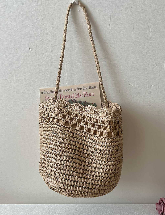 French Style Hollow Out Straw Woven Bucket Bag 8BW6BBG327T