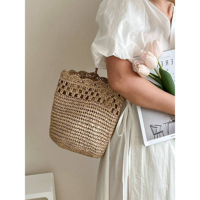French Style Hollow Out Straw Woven Bucket Bag 8BW6BBG327T