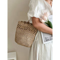 French Style Hollow Out Straw Woven Bucket Bag 8BW6BBG327T