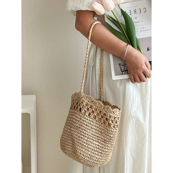 French Style Hollow Out Straw Woven Bucket Bag 8BW6BBG327T