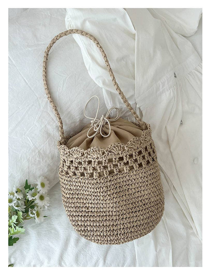 French Style Hollow Out Straw Woven Bucket Bag 8BW6BBG327T
