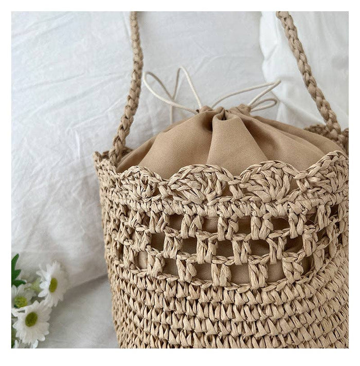 French Style Hollow Out Straw Woven Bucket Bag 8BW6BBG327T