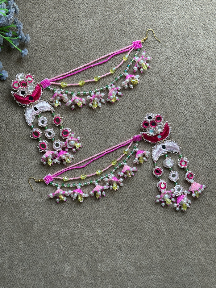 Fuchsia Pink Mirror Work Jhumki Earring Tikka Set with Beaded Saankal & Jhumki Drops