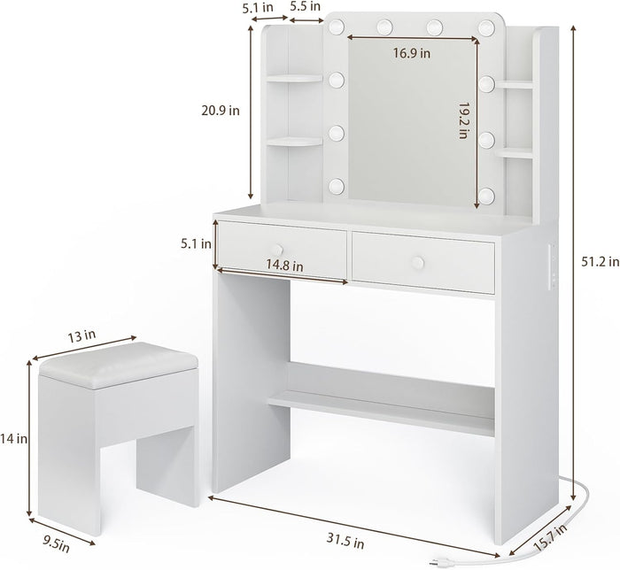 Haewon White Vanity Desk with Mirror and Lights - Canva Home