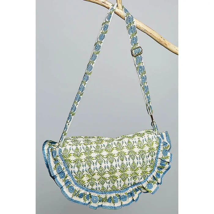 Half Moon Quilted Floral Ruffle Crossbody Bag