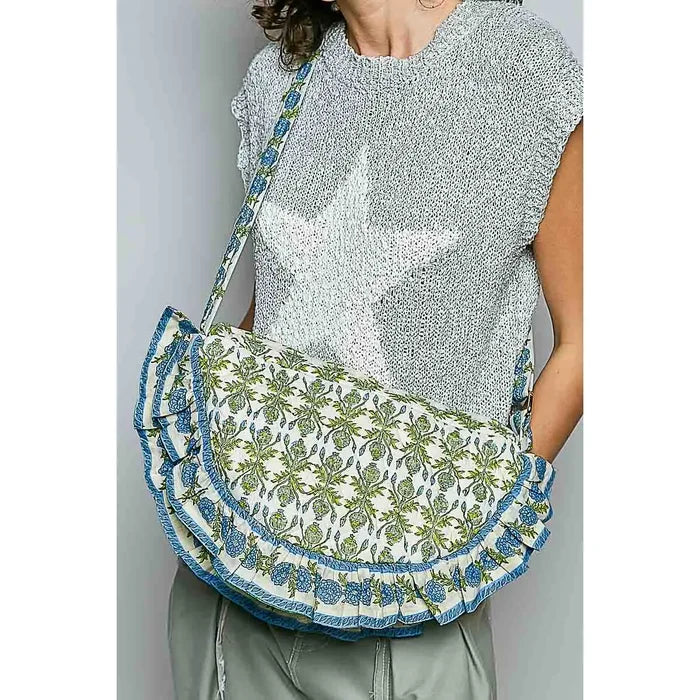 Half Moon Quilted Floral Ruffle Crossbody Bag