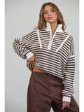 Half-Zip Striped Sweater-Brown