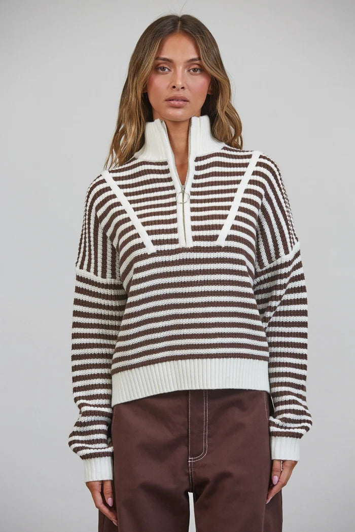 Half-Zip Striped Sweater-Brown