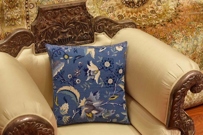 Hawaii Blue Floral Accent Cotton Pillow Cover Hand Block Print Design 16"x16" - KashmirDesigns