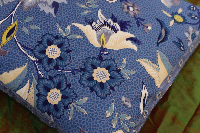 Hawaii Blue Floral Accent Cotton Pillow Cover Hand Block Print Design 16"x16" - KashmirDesigns