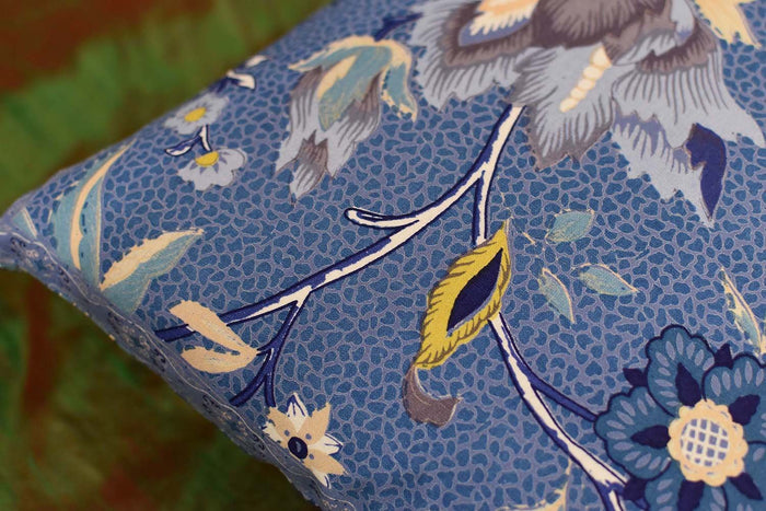 Hawaii Blue Floral Accent Cotton Pillow Cover Hand Block Print Design 16"x16" - KashmirDesigns