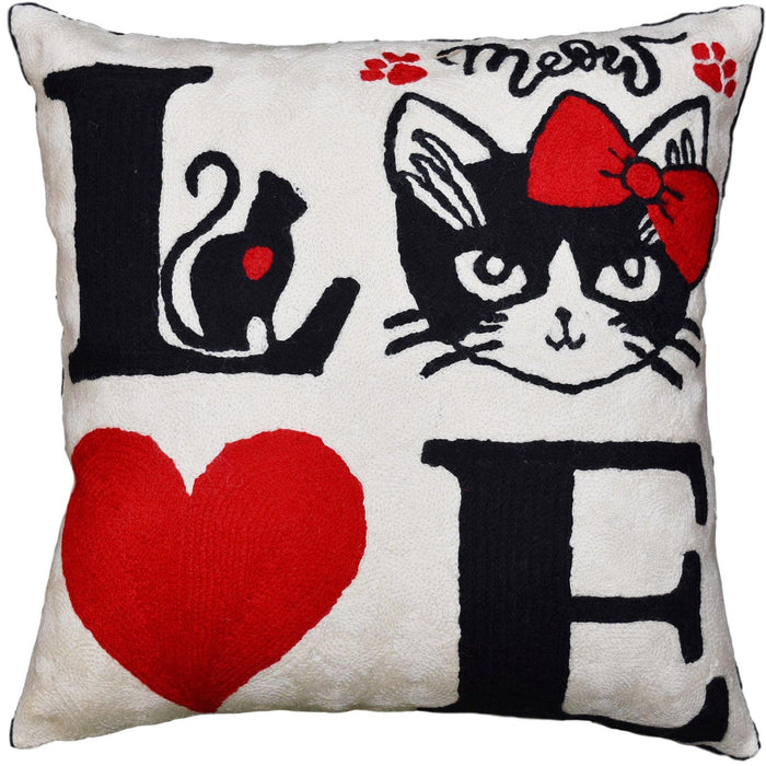 I Love Cat Decorative Pillow Cover Ivory Cream Handembroidered Wool 18x18 - Kashmir Designs