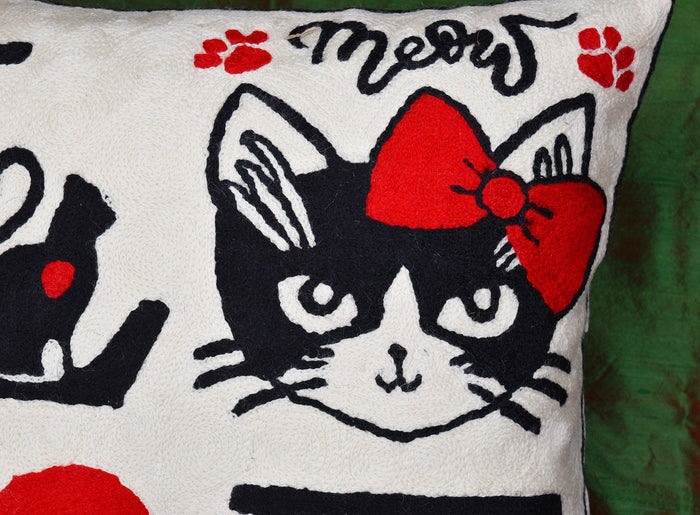 I Love Cat Decorative Pillow Cover Ivory Cream Handembroidered Wool 18x18 - Kashmir Designs