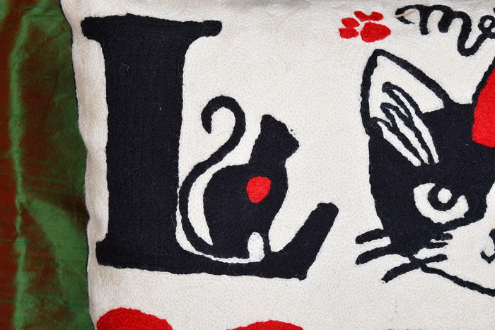 I Love Cat Decorative Pillow Cover Ivory Cream Handembroidered Wool 18x18 - Kashmir Designs