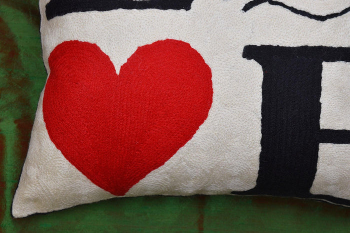 I Love Cat Decorative Pillow Cover Ivory Cream Handembroidered Wool 18x18 - Kashmir Designs
