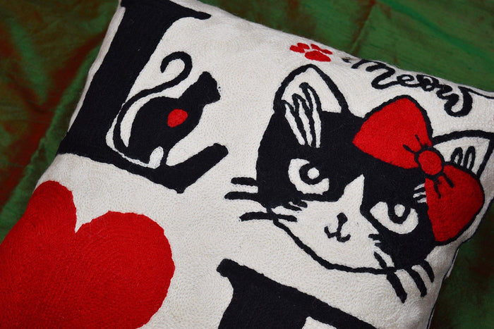 I Love Cat Decorative Pillow Cover Ivory Cream Handembroidered Wool 18x18 - Kashmir Designs