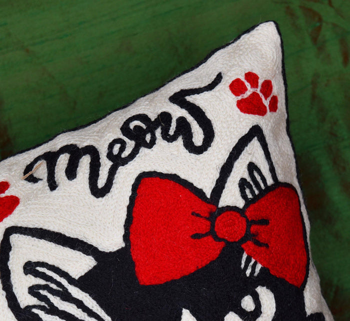 I Love Cat Decorative Pillow Cover Ivory Cream Handembroidered Wool 18x18 - Kashmir Designs
