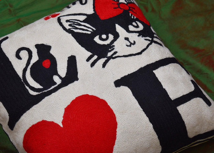 I Love Cat Decorative Pillow Cover Ivory Cream Handembroidered Wool 18x18 - Kashmir Designs