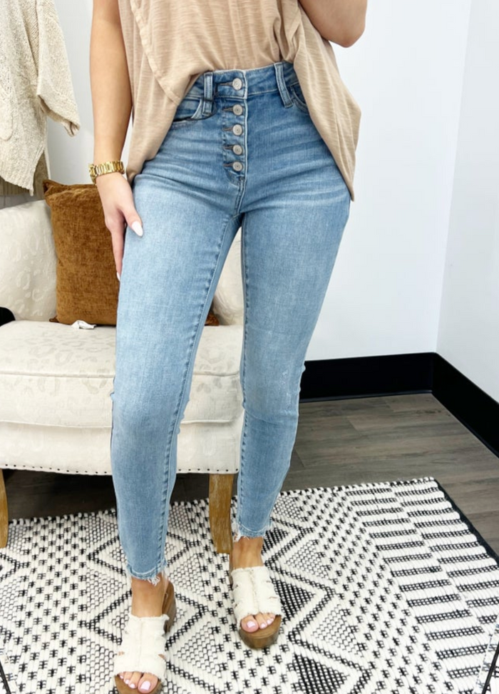 Hi-Rise Button Fly Skinny Jeans-JUDY BLUE-Featherandvine