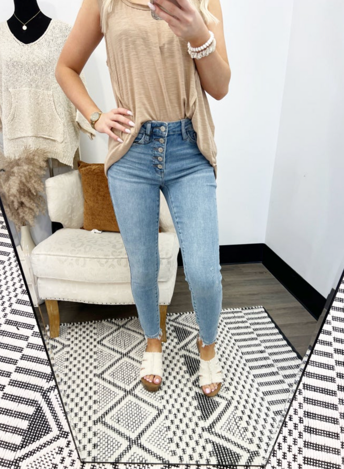 Hi-Rise Button Fly Skinny Jeans-JUDY BLUE-Featherandvine