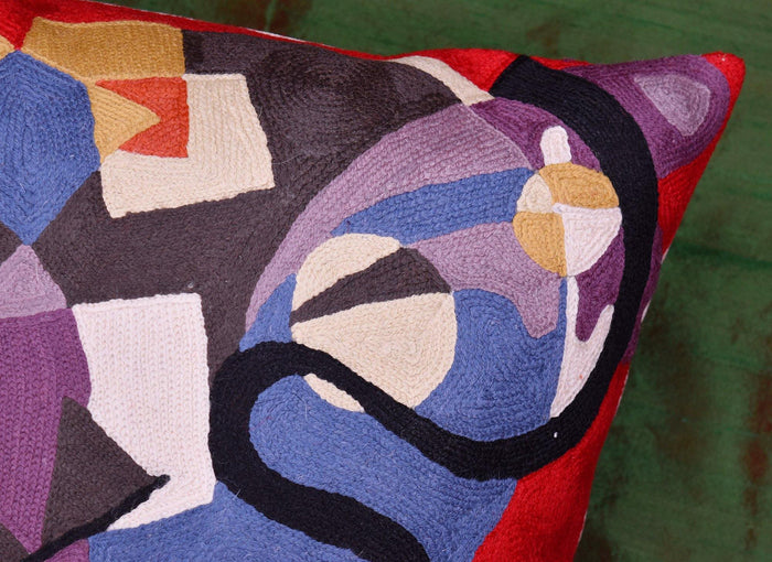 Kandinsky Bright Red Decorative Pillow Cover Swoosh HandEmbroidered Wool 18x18 - Kashmir Designs