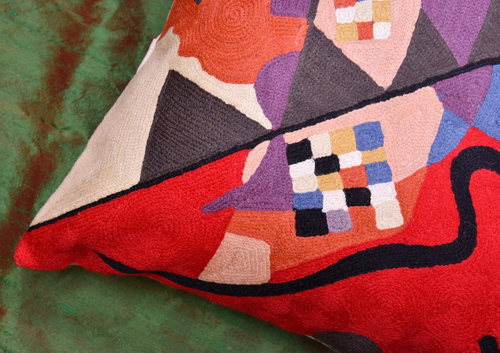 Kandinsky Bright Red Decorative Pillow Cover Swoosh HandEmbroidered Wool 18x18 - Kashmir Designs