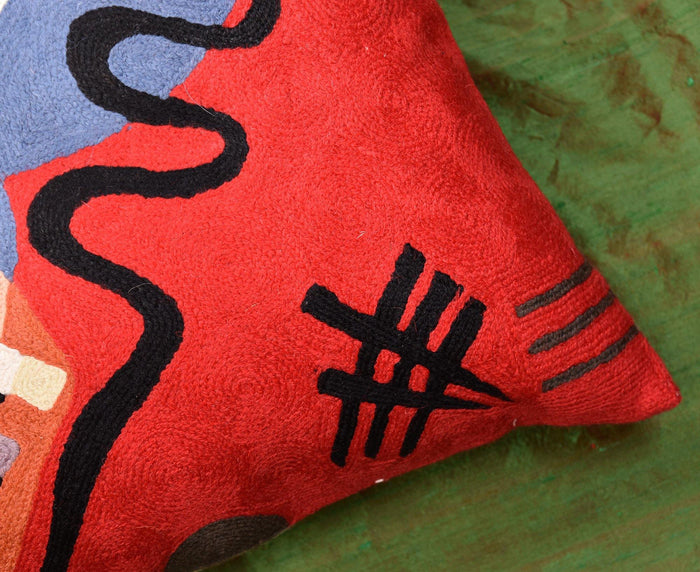 Kandinsky Bright Red Decorative Pillow Cover Swoosh HandEmbroidered Wool 18x18 - Kashmir Designs