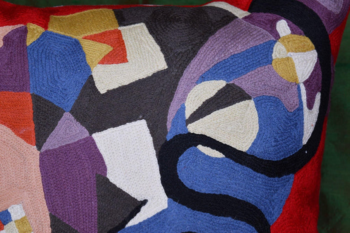 Kandinsky Bright Red Decorative Pillow Cover Swoosh HandEmbroidered Wool 18x18 - Kashmir Designs