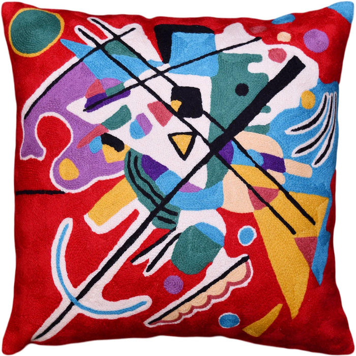 Kandinsky Decorative Pillow Cover Red Painting Abstract Cushion Wool HandEmbroidered 18x18 - Kashmir Designs