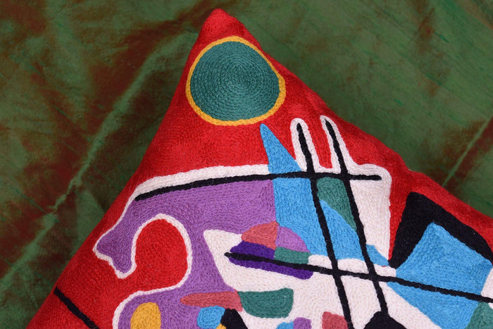 Kandinsky Decorative Pillow Cover Red Painting Abstract Cushion Wool HandEmbroidered 18x18 - Kashmir Designs