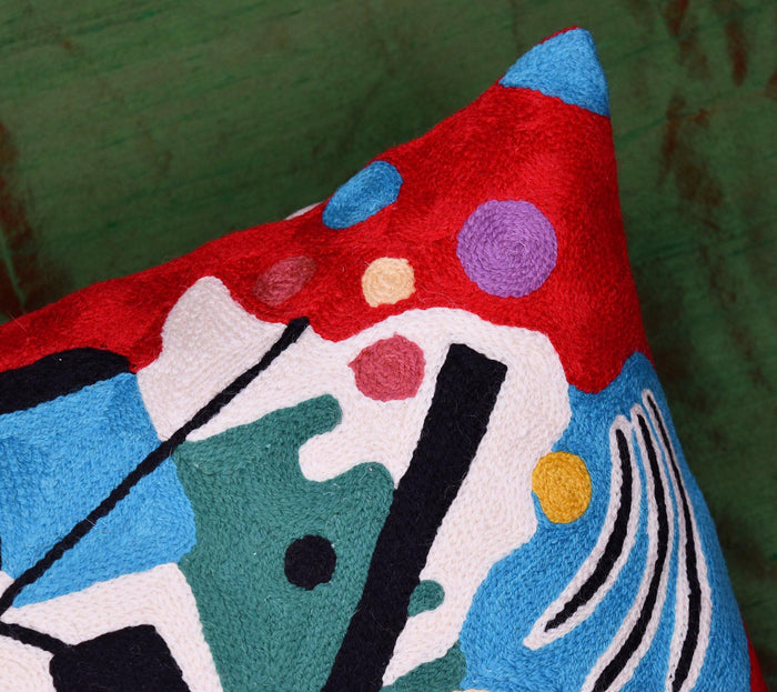 Kandinsky Decorative Pillow Cover Red Painting Abstract Cushion Wool HandEmbroidered 18x18 - Kashmir Designs